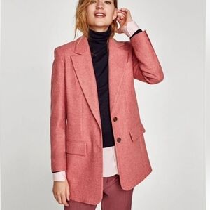 Zara Pink 100% Wool Oversized Blazer Coat Notch Lapel Collar‎ Size Medium